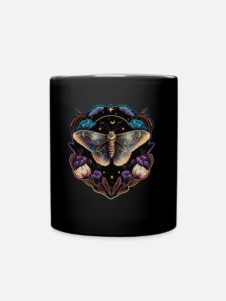 Moth, papillon de nuit, fleurs, lune, gothique, wicca - Mug uni - noir