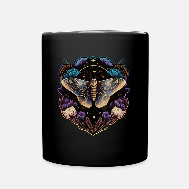 Moth, papillon de nuit, fleurs, lune, gothique, wicca - Mug uni - noir