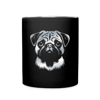 Mops, Hundekopf, Zeichnung silber - Tasse einfarbig - Schwarz - Vorne