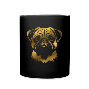 Mops, Hundekopf, Zeichnung gold - Tasse einfarbig - Schwarz - Vorne