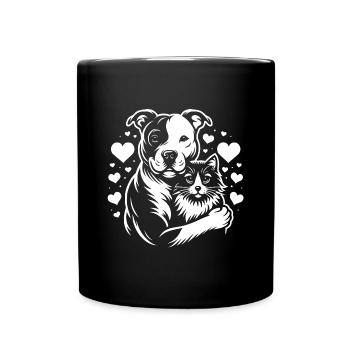 Chien et chat en amour, paix, amitié - Mug uni - noir - Devant