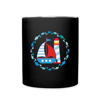 Buntes Segelboot und Leuchtturm - Tasse einfarbig - Schwarz - Vorne