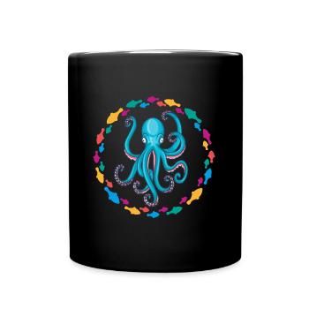 Blue octopus in a colorful fish circle - Full Colour Mug - black - Front