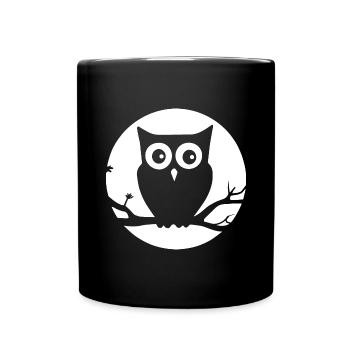 Owl sitting on a branch in front of the moon - Full Colour Mug - black - Front