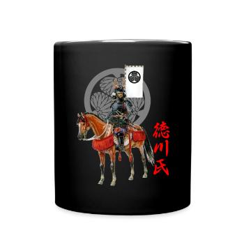 Samurai horseman, kanji and mon of the Tokugawa clan - Full Colour Mug - black - Front