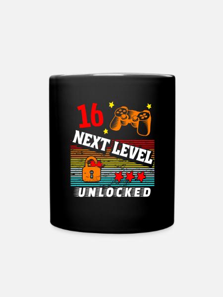 16th Birthday Level Unlocked - Full Colour Mug - black