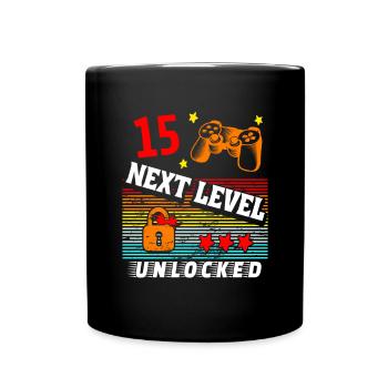 15. Geburtstag Level freigeschaltet - Tasse einfarbig - Schwarz - Vorne