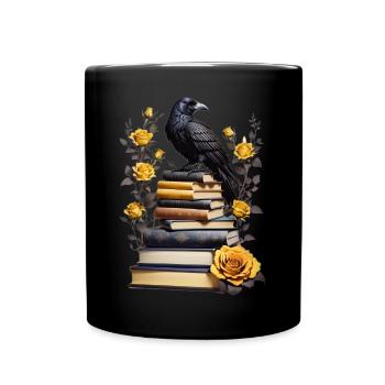 Bücherstapel mit Rabe - Tasse einfarbig - Schwarz - Vorne