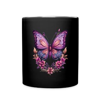 Violet butterfly with flowers - Full Colour Mug - black - Front