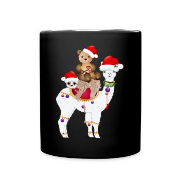Alpaca, Sloth and Brown Bear Celebrate Christmas - Full Colour Mug - black - Front