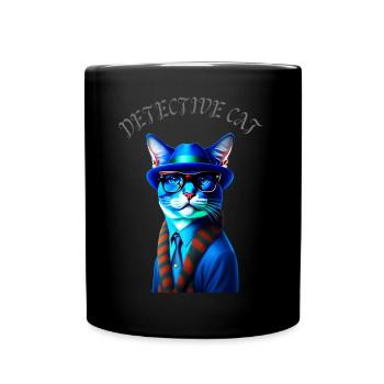 DETECTIVE CAT Blau Katze mit Hut und Brille - Tasse einfarbig - Schwarz - Vorne
