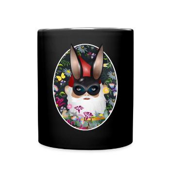 Gartenzwerg mit Hasen Maske inkognito im Garten - Tasse einfarbig - Schwarz - Vorne