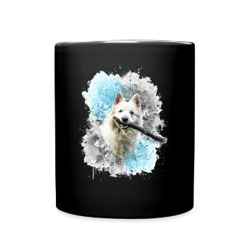 Schweizer Schäferhund hält Stock im Mund - Tasse einfarbig - Schwarz - Vorne