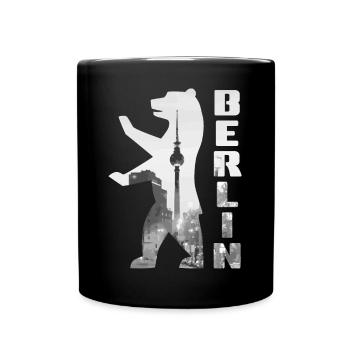 Berlin Bär gefüllt mit Skyline Fernsehturm - Tasse einfarbig - Schwarz - Vorne