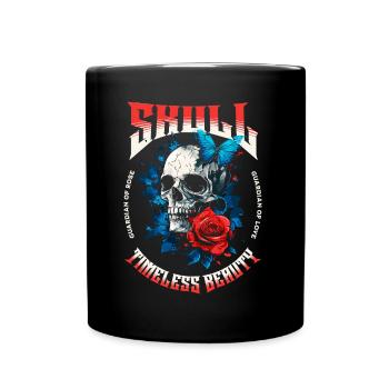 Totenkopf Totenschädel Schmetterling Rose Blume - Tasse einfarbig - Schwarz - Vorne
