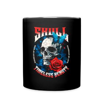 Totenkopf Totenschädel Schmetterling Rose Blume - Tasse einfarbig - Schwarz - Vorne