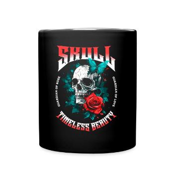 Totenkopf Totenschädel Schmetterling Rose Blume - Tasse einfarbig - Schwarz - Vorne