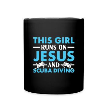 Scuba Diver Girl Runs On Jesus And Scuba Diving - Full Colour Mug - black - Front