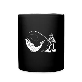 Silhouette de pêcheur avec canne à pêche et truite - Mug uni - noir - Devant