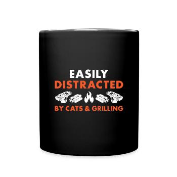 Griller Easily Distracted By Cats And Grilling - Full Colour Mug - black - Front