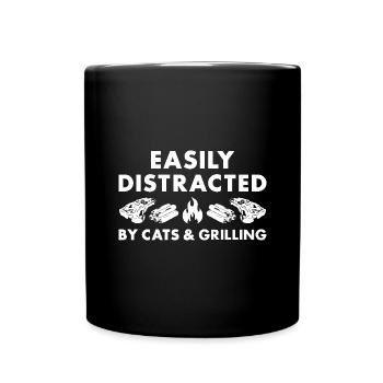 Griller Easily Distracted By Cats And Grilling - Full Colour Mug - black - Front