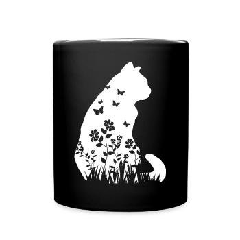 Nette Katze Blumenmuster Silhouette Katze Liebhaber Geschenk - Tasse einfarbig - Schwarz - Vorne