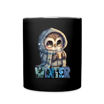 Winter Eule mit heißen Becher Kakao Schnee - Tasse einfarbig - Schwarz - Vorne