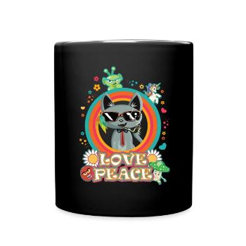 Chat Amour et Paix - design hippie cool - Mug uni - noir - Devant