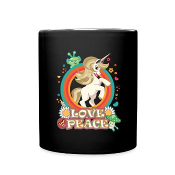 Love and Peace Einhorn - Flowerpower Hippie Design - Tasse einfarbig - Schwarz - Vorne