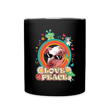 Love and Peace Schwein, Flowerpower Hausschwein - Tasse einfarbig - Schwarz - Vorne