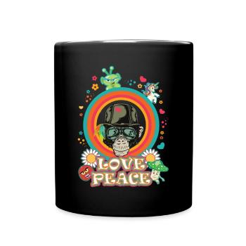 Love and Peace Schimpanse Flowerpower Design - Tasse einfarbig - Schwarz - Vorne
