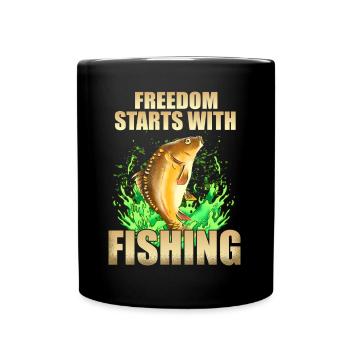 Angler Shirt Spruch Freiheit beginnt mit Angeln - Tasse einfarbig - Schwarz - Vorne