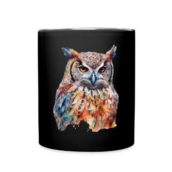 Magic Owl Colorful Animal Bird Forest Watercolor Style - Full Colour Mug - black - Front
