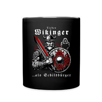 Valhalla Viking with Sword, Shield and Raven - Full Colour Mug - black - Front