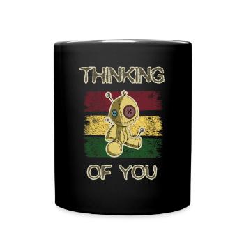 Funny 'Thinking of you' design with voodoo doll - Full Colour Mug - black - Front
