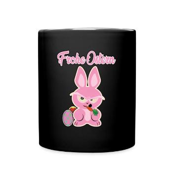 Frohe Ostern, mit dem rosa Osterhasen - Tasse einfarbig - Schwarz - Vorne