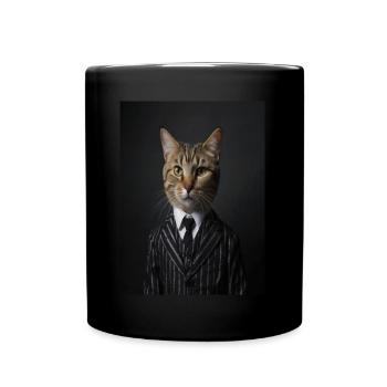 Cat Portrait of Cat in Striped Suit and Tie - Full Colour Mug - black - Front
