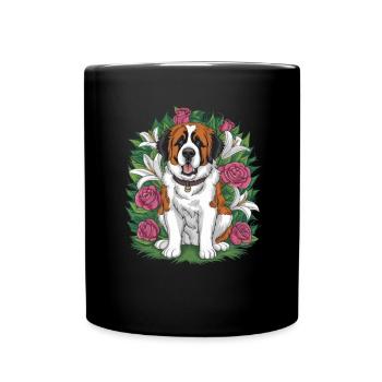 Bernhardiner Cartoon Hund mit Rosen und Lillien - Tasse einfarbig - Schwarz - Vorne
