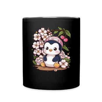 Cartoon Kawaii Pinguin mit Kirschen - Tasse einfarbig - Schwarz - Vorne