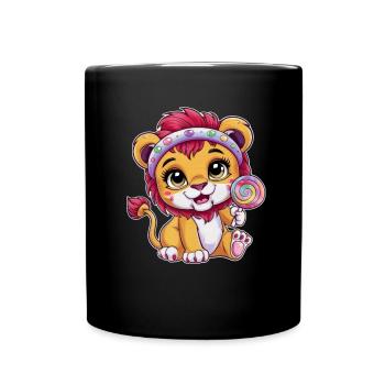 Süßer Kawaii Löwe mit Süßigkeiten - Tasse einfarbig - Schwarz - Vorne