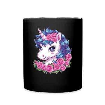 Licorne Kawaii avec des roses - Mug uni - noir - Devant
