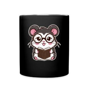 Cute Kawaii Hamster with Book & Reading Glasses - Full Colour Mug - black - Front