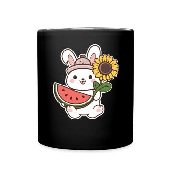 Kawaii Hase mit Sonnenblume und Wassermelone - Tasse einfarbig - Schwarz - Vorne