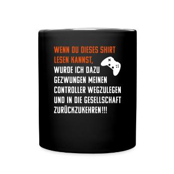 Zocker Fun Spruch: Gezwungen Controller wegzulegen - Tasse einfarbig - Schwarz - Vorne