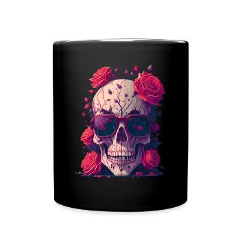 Pop Art Skull with Roses Illustration - Full Colour Mug - black - Front