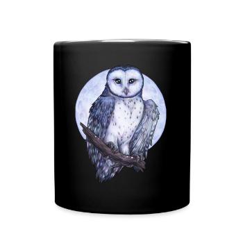 Eule Schleiereule weiß blau Mond Nacht Geschenk - Tasse einfarbig - Schwarz - Vorne