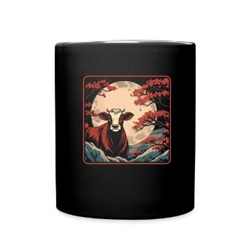 Cow Farmer Livestock Japan Cherry Blossom Moon - Full Colour Mug - black - Front