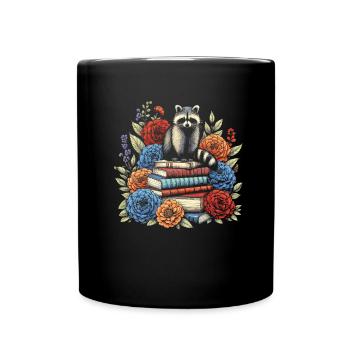 Raccoon Flower Book Reader Floral Cottagecore - Full Colour Mug - black - Front