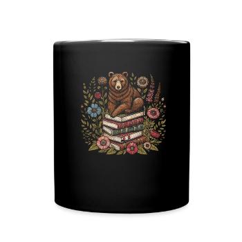 Bear Brown Bear Flower Book Reader Floral Cottagecore - Full Colour Mug - black - Front