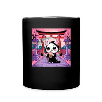 Grim Reaper Anime Cat Cherry Blossom - Full Colour Mug - black - Front